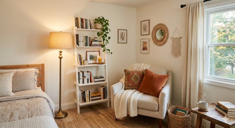 Cozy small bedroom reading nook with chair and lamp for renters without extra spac