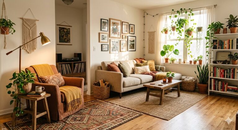 Cozy vibey apartment aesthetic with golden lighting, layered rugs, plants, and styled corners for renter-friendly decor inspiration.