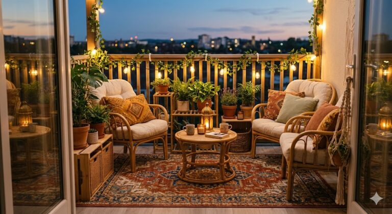 Cozy renter balcony makeover with rug, string lights, and plants creating a stylish outdoor retreat.